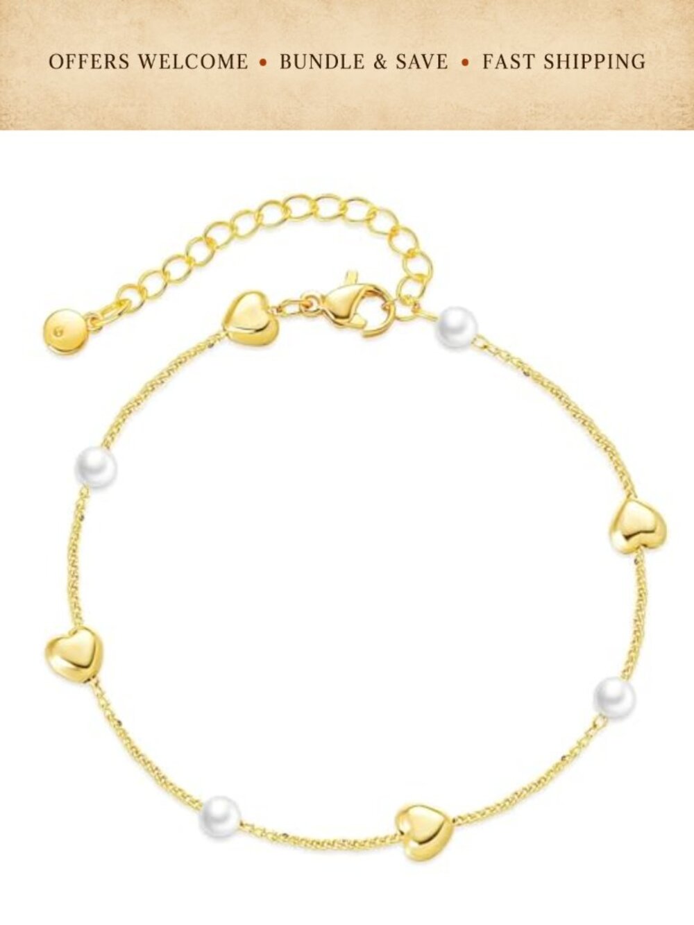 Gold Heart Pearl Charm Bracelet Dainty Beaded Stackable Chain Jewelry Gift